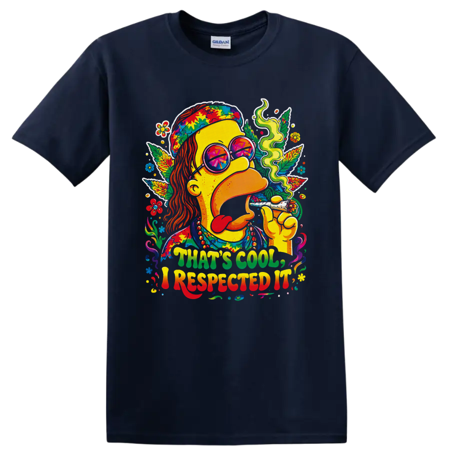 Psychedelic hippie cannabis portrait with peace sunglasses and THAT'S COOL, I RESPECTED on a Navy (Blue) T Shirt