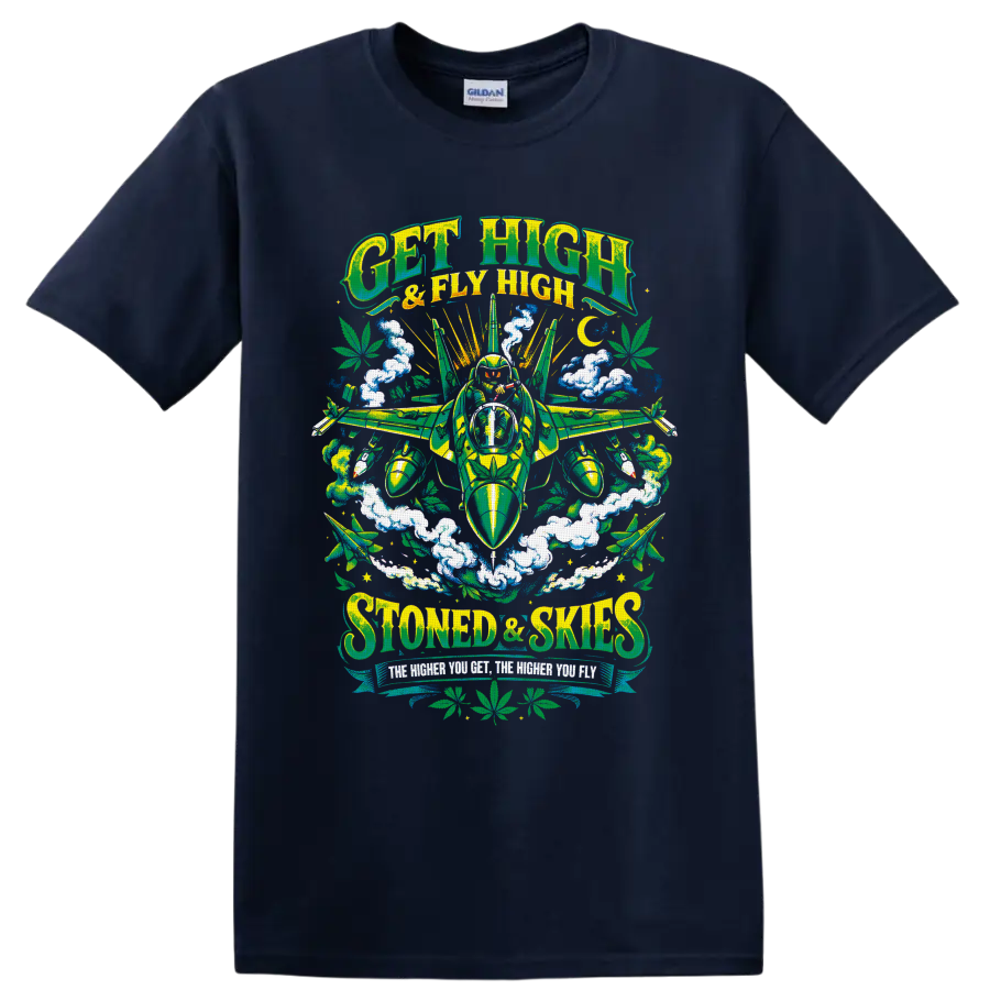 Get High & Fly High retro cannabis fighter jet with pilot, smoke clouds, and leaves on a Navy (Blue) T Shirt