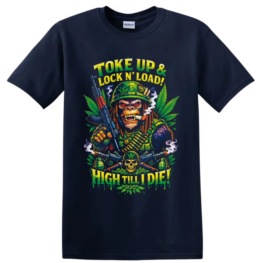 Psychedelic cannabis soldier monkey graphic with Toke Up and High Till I Die text on a Navy (Blue) T Shirt