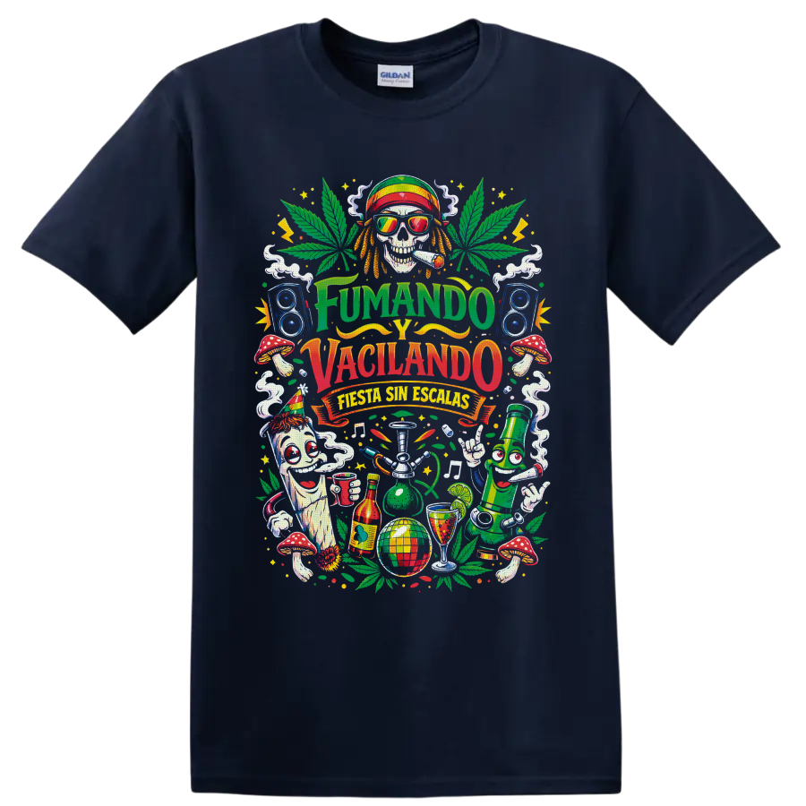Psychedelic cannabis fiesta skull with speakers, mushrooms, and Fumando y Vacilando text on a Navy (Blue) T Shirt