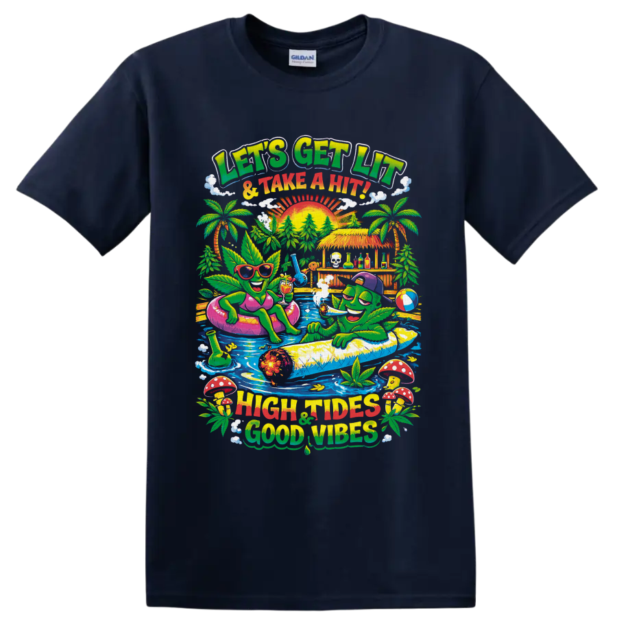 Retro cannabis leaf characters at a tropical pool party with High Tides Good Vibes text on a Navy (Blue) T Shirt
