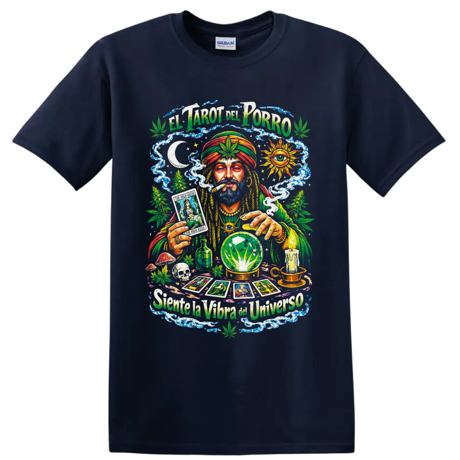 Psychedelic cannabis tarot reader with crystal ball and El Tarot del Porro text on a Navy (Blue) T Shirt