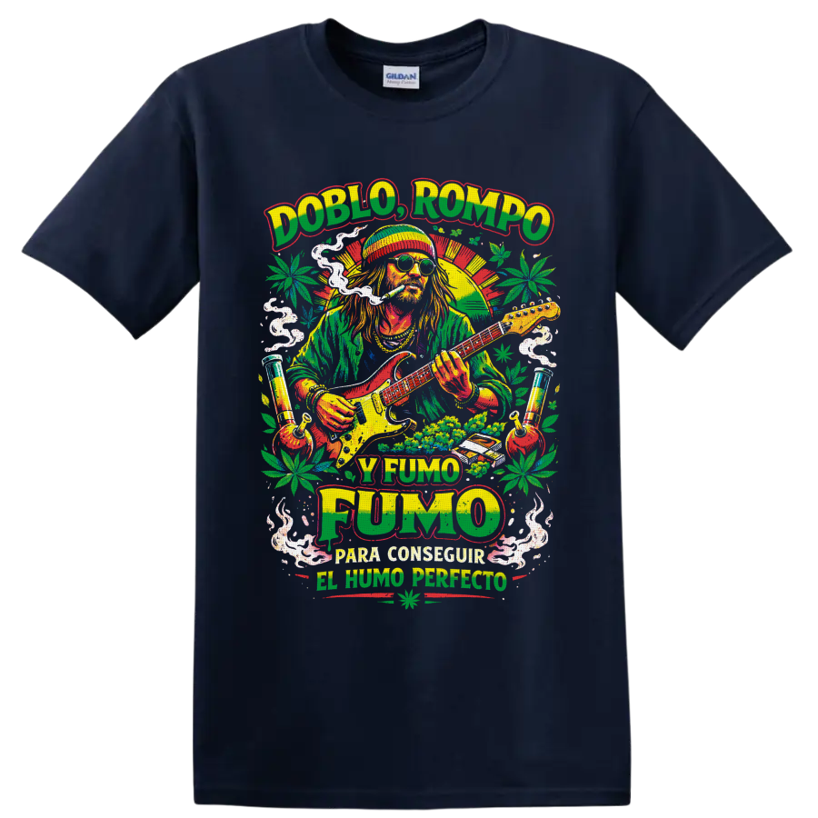 Doblo Rompo y Fumo guitarist with smoke, cannabis leaves, and retro poster art on a Navy (Blue) T Shirt
