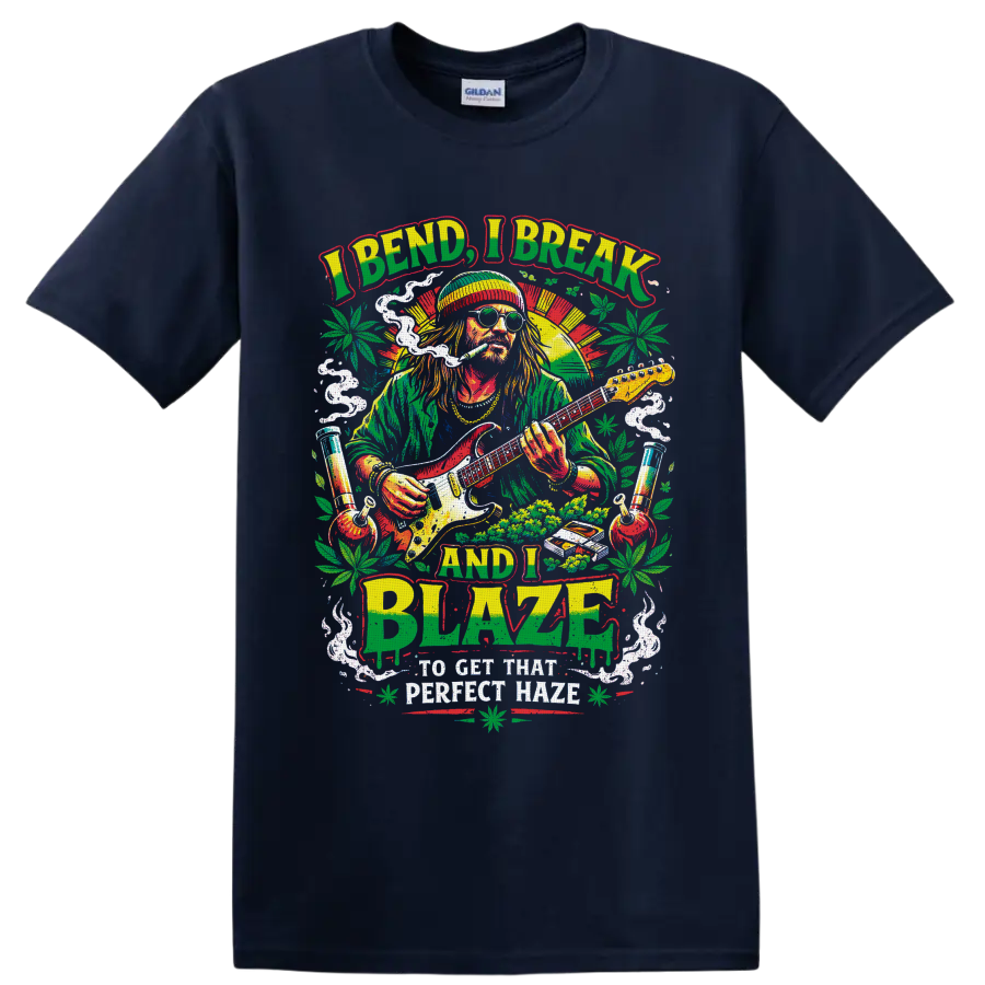 Retro cannabis guitarist graphic with smoke, leaves, water pipes, and I Bend I Break and on a Navy (Blue) T Shirt