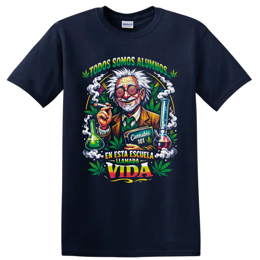 Psychedelic mad scientist Cannabis 101 graphic with leaves, smoke, and lab glassware on a Navy (Blue) T Shirt