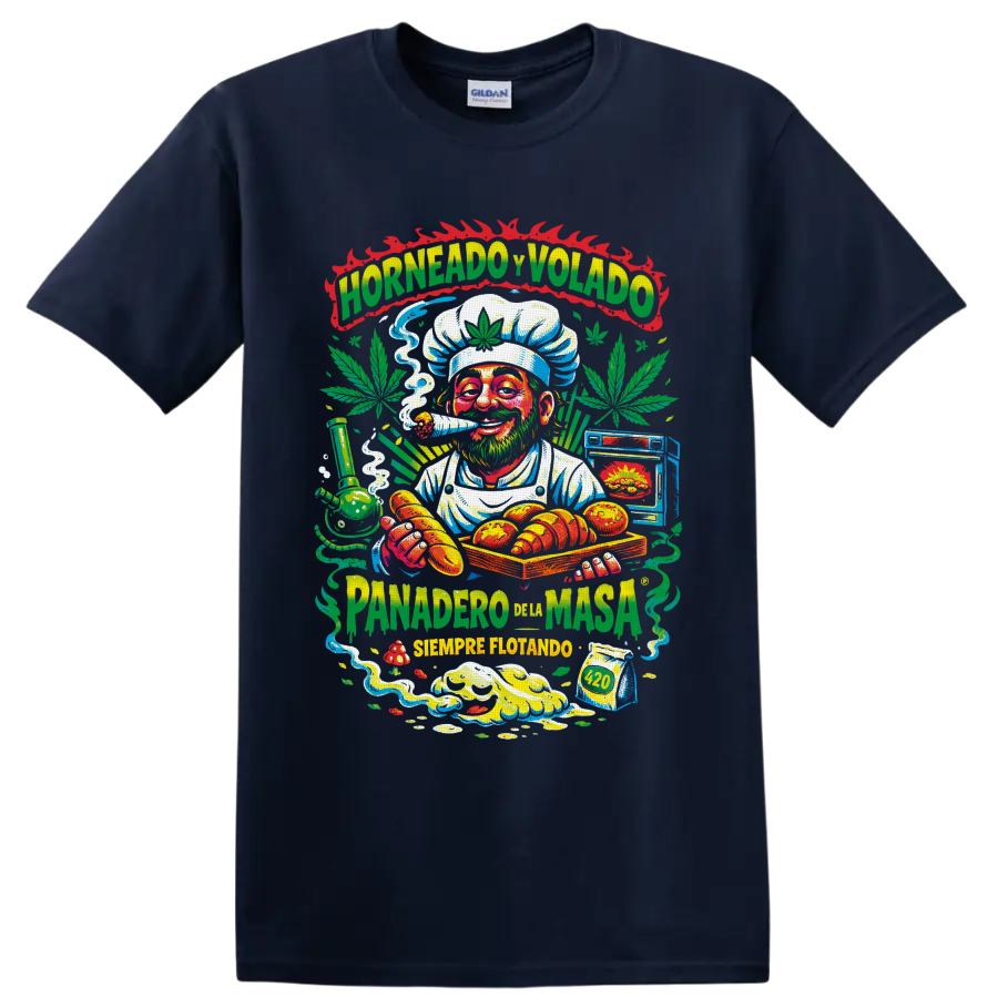 Colorful 420 cannabis baker chef graphic with pastries, leaves, smoke, and Spanish text on a Navy (Blue) T Shirt