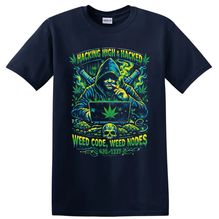 Hacking High wizard with cannabis leaves, smoke, computer, skull, and water pipes on a Navy (Blue) T Shirt