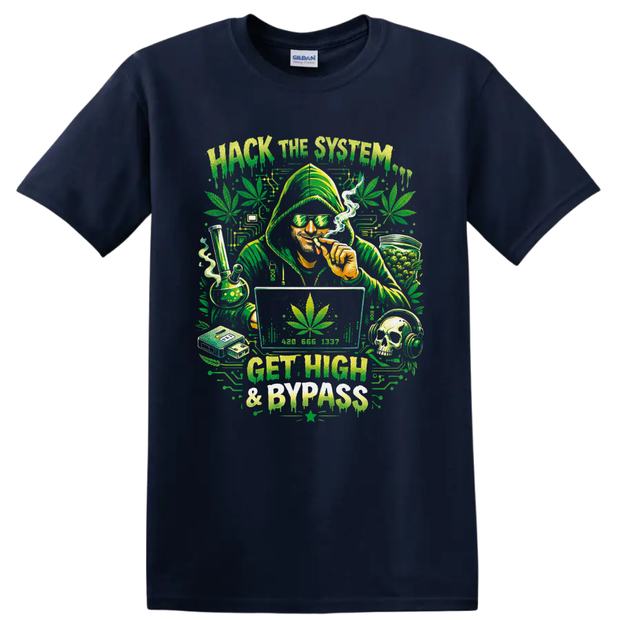 Hooded cannabis smoker with bong, computer, skull headphones, and Hack the System text on a Navy (Blue) T Shirt