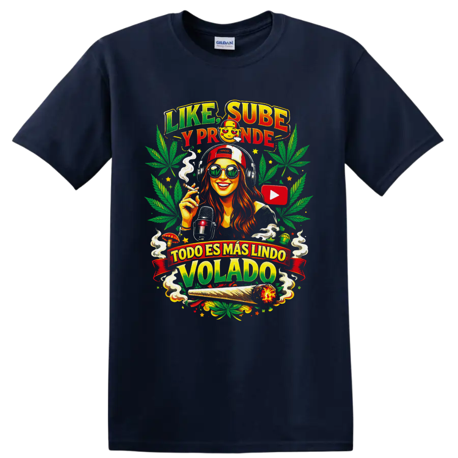 Cannabis culture woman with headphones, microphone, leaves, and Spanish slogan art on a Navy (Blue) T Shirt