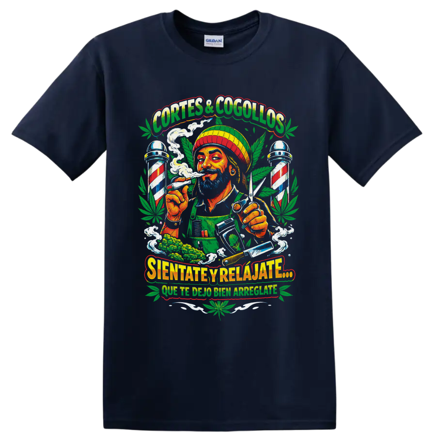 Colorful cannabis barber illustration with scissors, striped poles, smoke, and leaves on a Navy (Blue) T Shirt