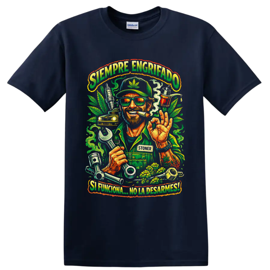 Cannabis mechanic with wrench, leaves, engine parts, and Siempre Engrifado lettering on a Navy (Blue) T Shirt