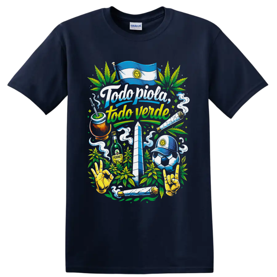 Argentina 420 collage with sun flag, mate, soccer, obelisk, cannabis leaves and smoke on a Navy (Blue) T Shirt