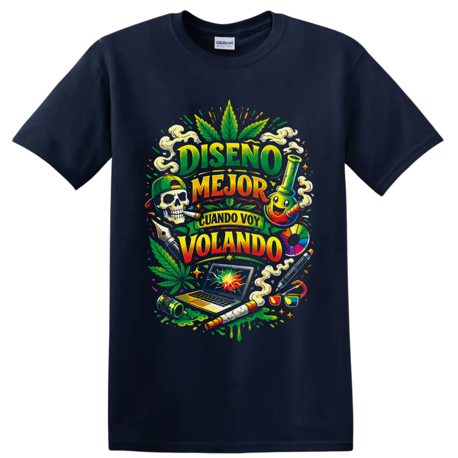 Colorful cannabis culture collage with Spanish lettering, leaf, skull, bong, and laptop on a Navy (Blue) T Shirt