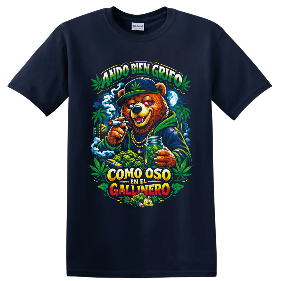 Cannabis bear street-art graphic with Spanish text, city skyline, leaves, and smoke on a Navy (Blue) T Shirt