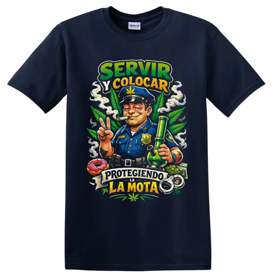 Cannabis police parody cartoon officer with bong, leaves, smoke, and Spanish text on a Navy (Blue) T Shirt