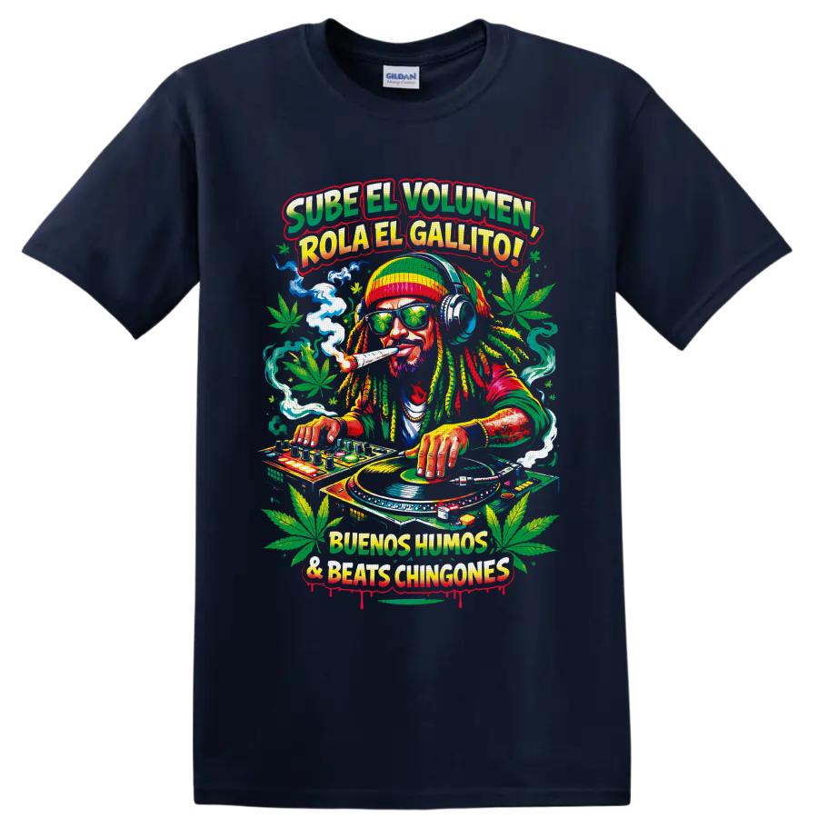 Cannabis DJ with turntables, headphones, smoke, leaves, and Spanish reggae-style text on a Navy (Blue) T Shirt