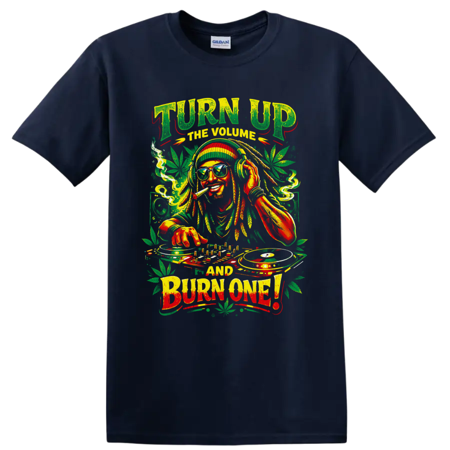 Cannabis DJ with turntables, headphones, leaves, and Turn Up the Volume Burn One text on a Navy (Blue) T Shirt