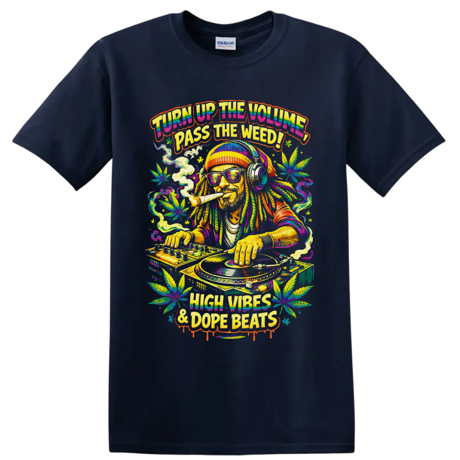 Psychedelic cannabis DJ at turntables with leaves and High Vibes & Dope Beats text on a Navy (Blue) T Shirt