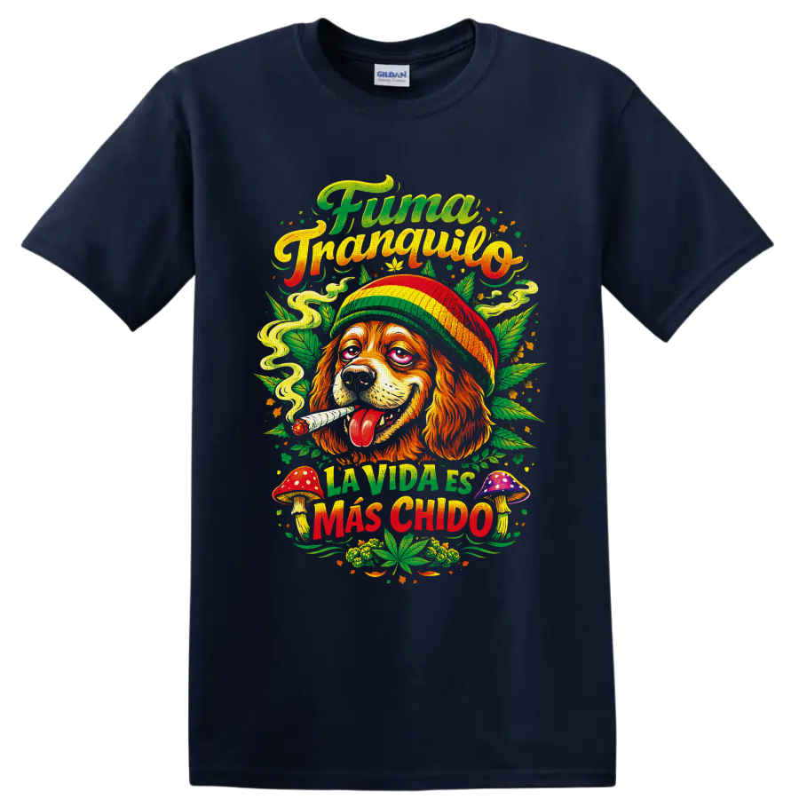 Psychedelic cannabis dog in striped hat with mushrooms and Fuma Tranquilo lettering on a Navy (Blue) T Shirt