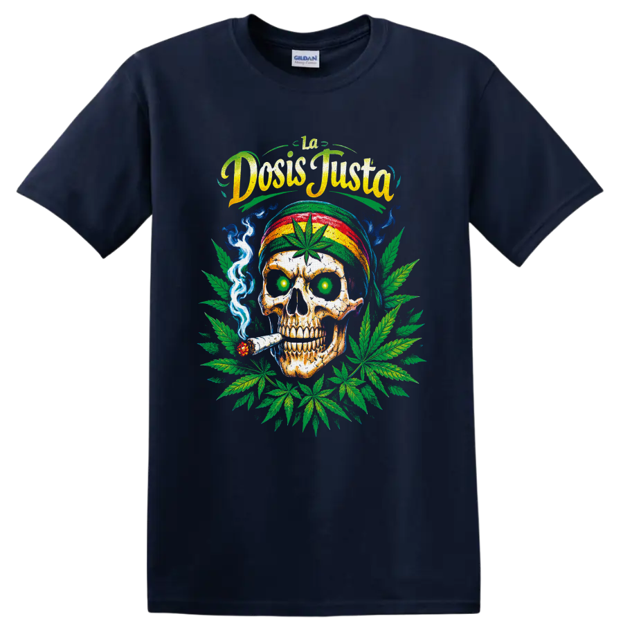 Cannabis skull graphic with striped cap, smoke, leaves, and La Dosis Justa text on a Navy (Blue) T Shirt