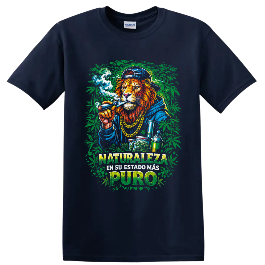 Street-art lion with cannabis leaves and Naturaleza en su estado mas puro text on a Navy (Blue) T Shirt