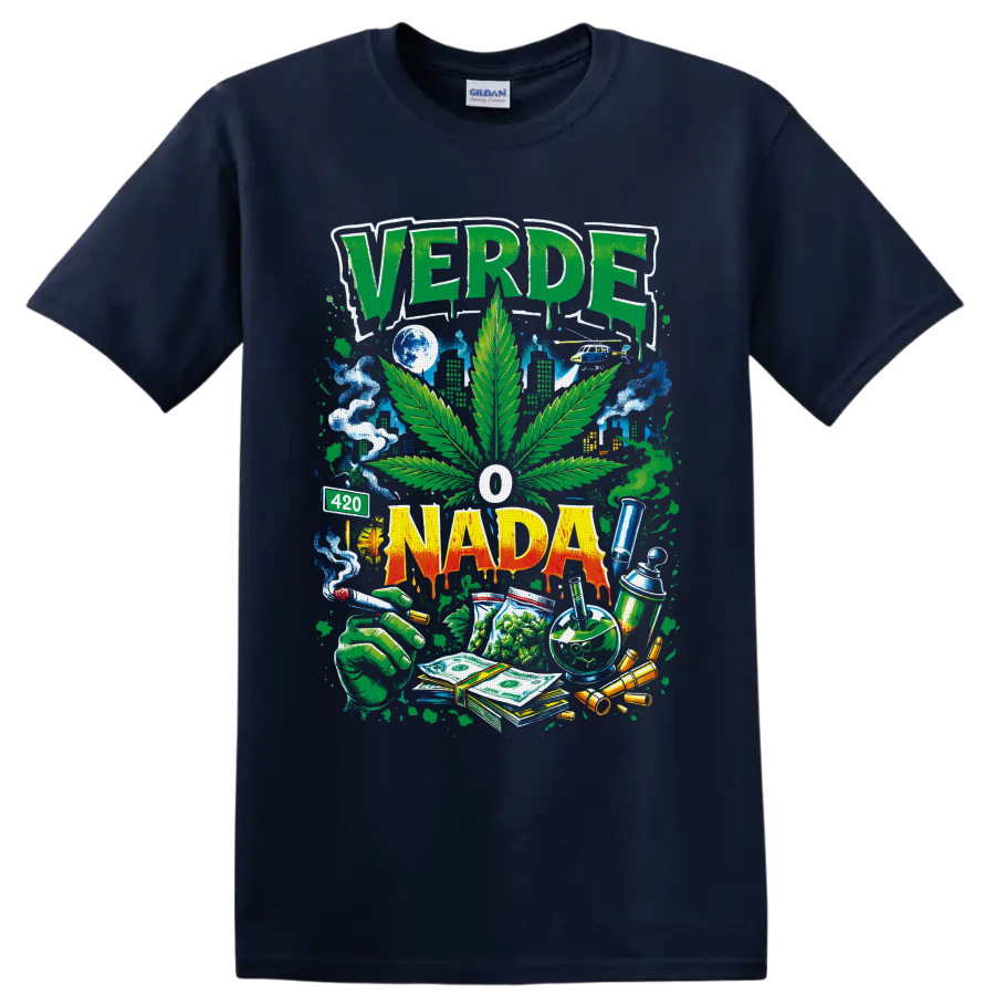 VERDE O NADA cannabis leaf street-art graphic with smoke, skyline, cash and 420 sign on a Navy (Blue) T Shirt