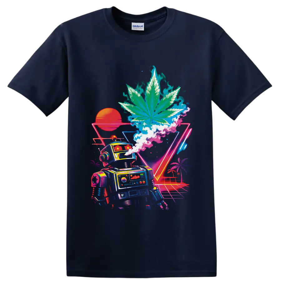 Neon vaporwave robot beneath a giant cannabis leaf with sunset, palms, and grid on a Navy (Blue) T Shirt