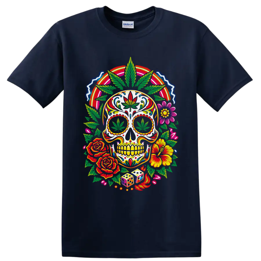 Psychedelic cannabis sugar skull with flowers, dice, flames, and rainbow arch on a Navy (Blue) T Shirt
