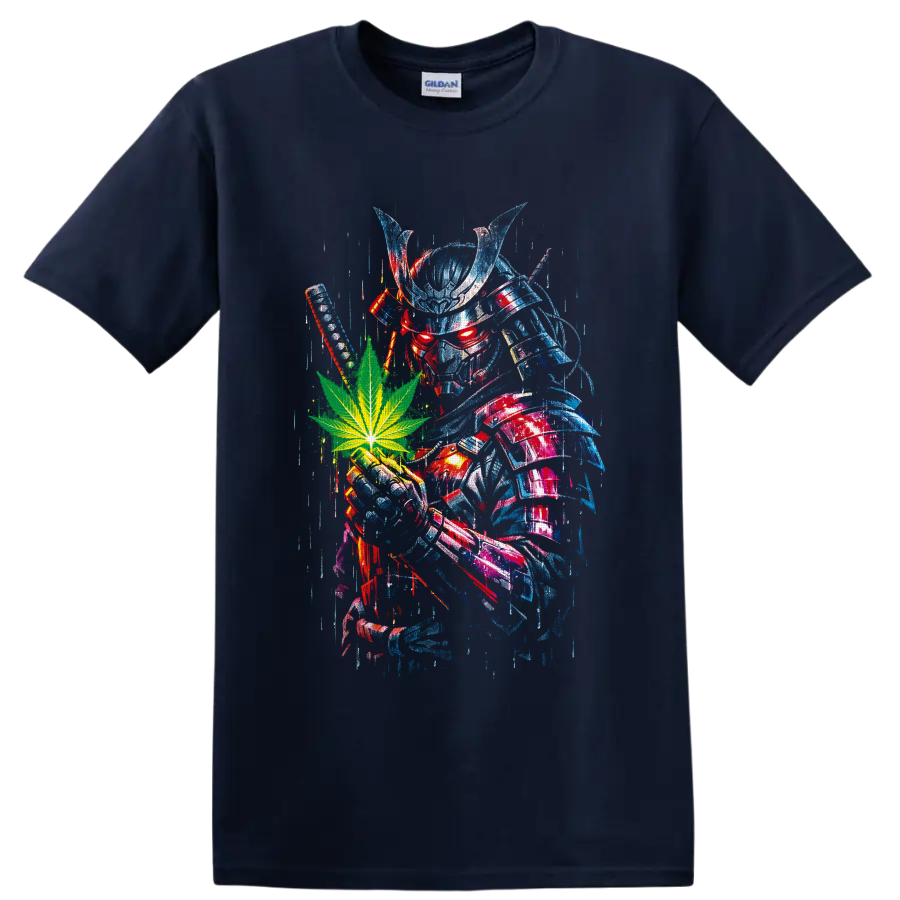 Cyber rabbit skull with green cannabis leaf in distressed blue and red glitch art on a Navy (Blue) T Shirt
