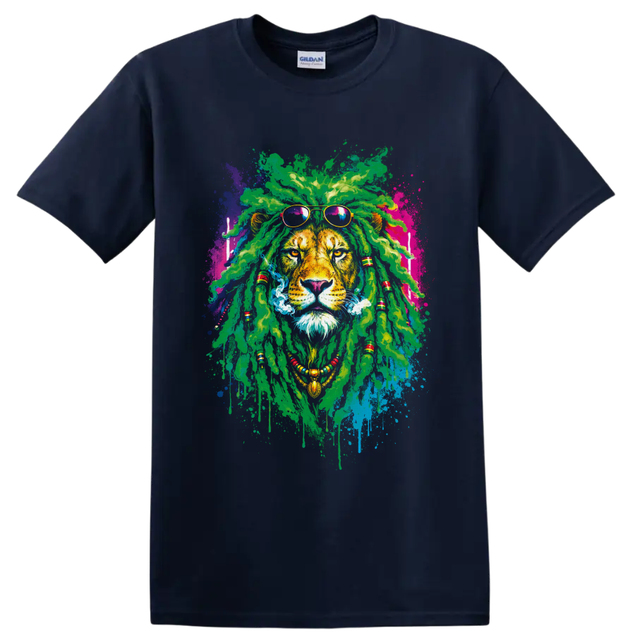 Rasta lion portrait with green dreadlocks, sunglasses, beads, smoke, and paint splashes on a Navy (Blue) T Shirt