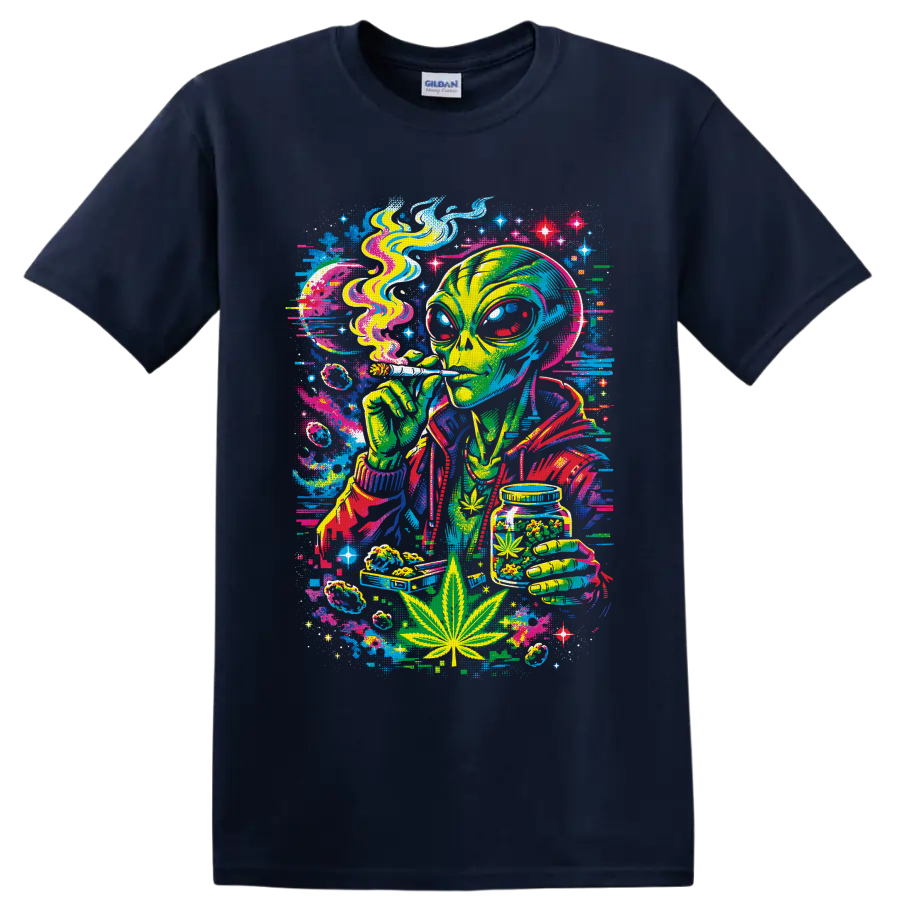 Psychedelic cannabis alien holding a smoking roll and cannabis jar in neon cosmic art on a Navy (Blue) T Shirt