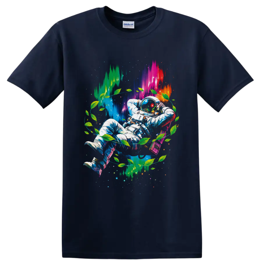 Psychedelic astronaut with green leaves, neon cosmic light, stars, and pixel bursts on a Navy (Blue) T Shirt