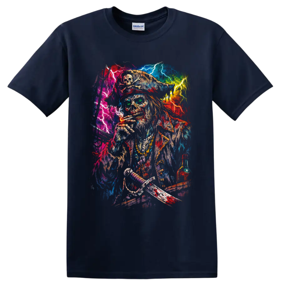 Psychedelic cannabis pirate skeleton with lightning, crossed swords, and bottle on a Navy (Blue) T Shirt
