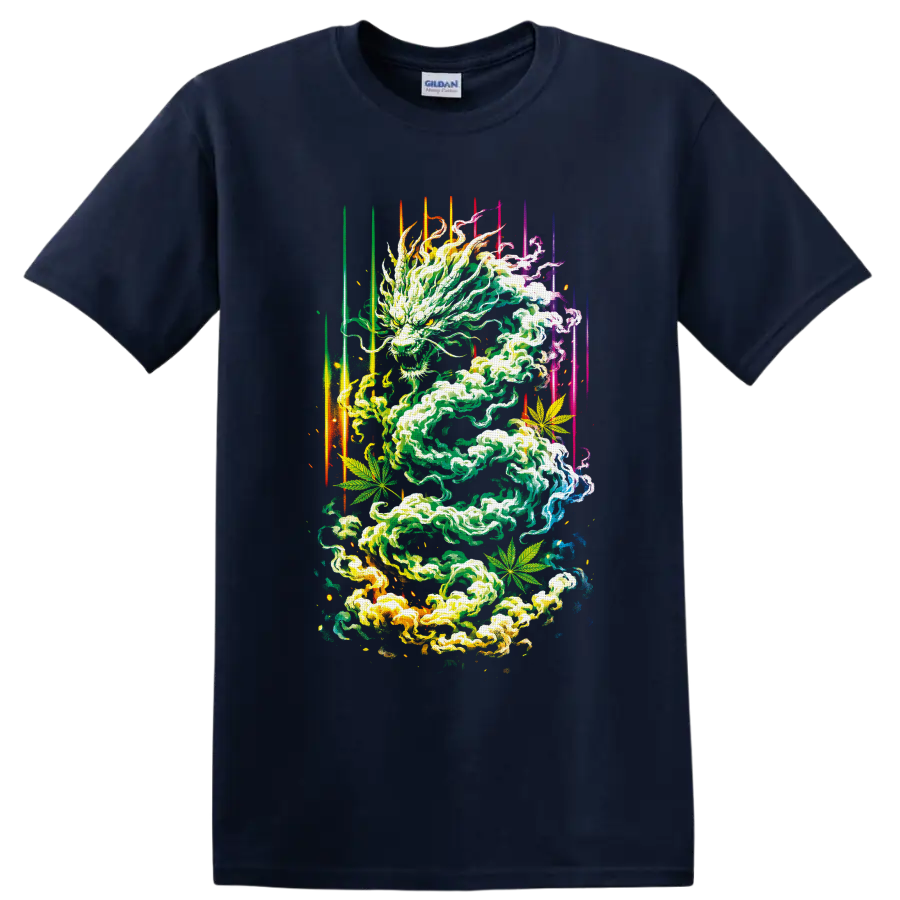 Psychedelic cannabis smoke dragon with leaves and neon light streaks on a Navy (Blue) T Shirt