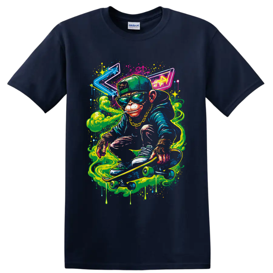 Neon graffiti-style monkey skateboarder with cannabis leaf cap, green smoke, and paint on a Navy (Blue) T Shirt