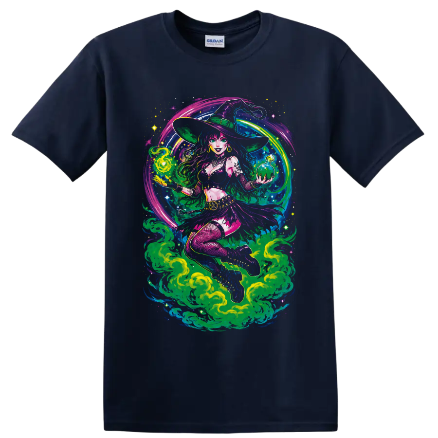 Psychedelic cannabis witch holding green potion orb amid swirling smoke and stars on a Navy (Blue) T Shirt