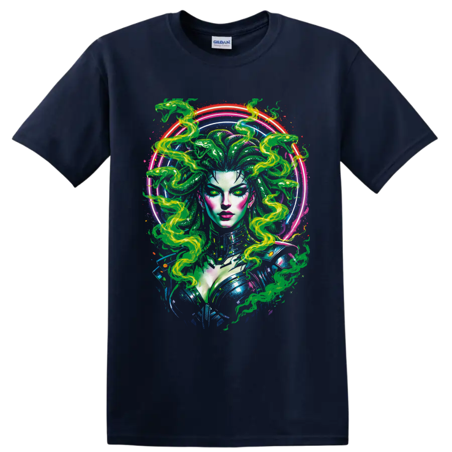 Psychedelic Medusa portrait with green serpent hair and glowing neon rings on a Navy (Blue) T Shirt