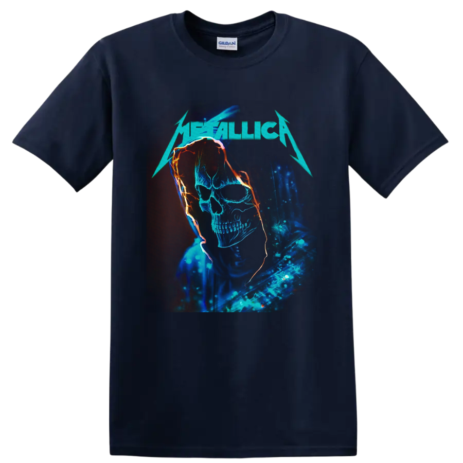 Metallica logo above a neon blue hooded skull with fiery orange outlines on a Navy (Blue) T Shirt