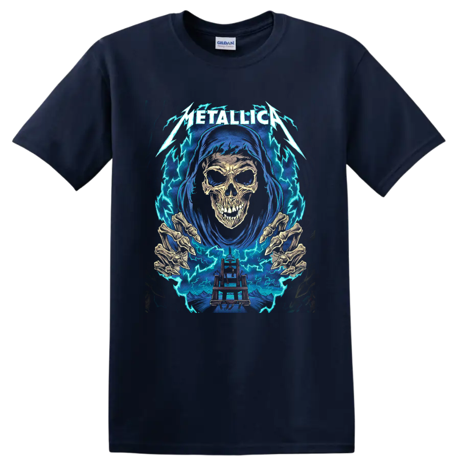 Metallica logo with hooded skull, skeletal hands, electric chair, and lightning graphic on a Navy (Blue) T Shirt