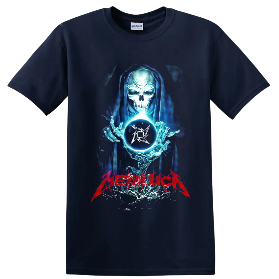 Metallica reaper with crystal ball, blue energy, and red band lettering on a Navy (Blue) T Shirt