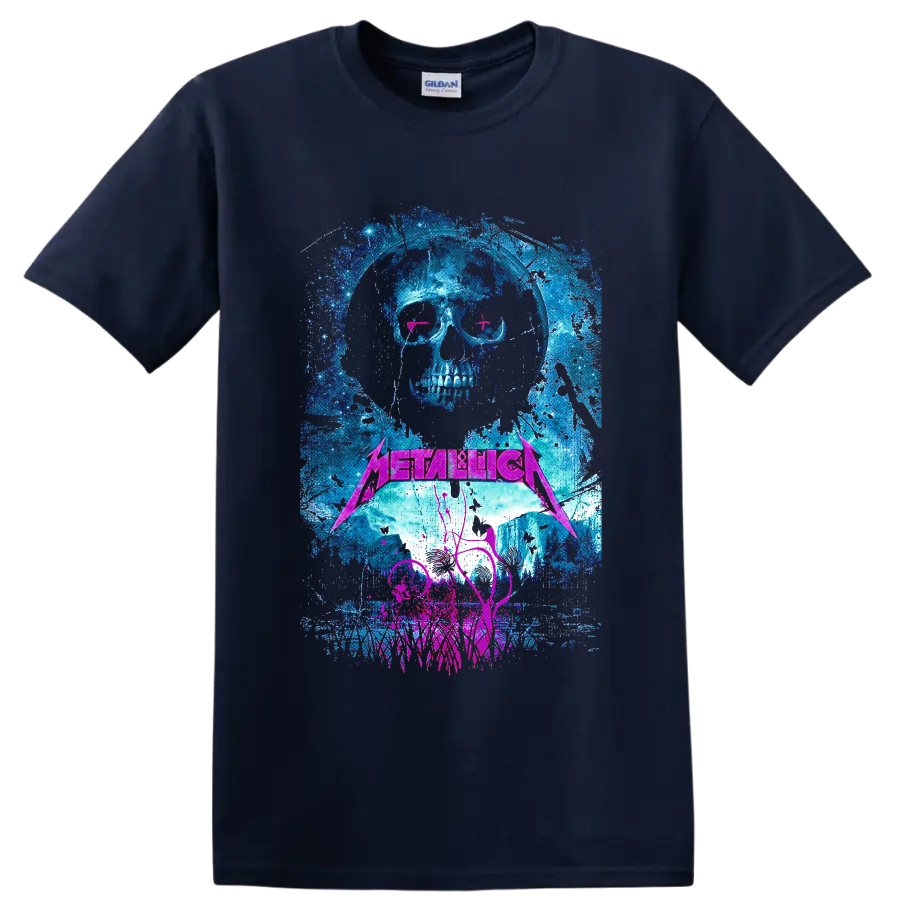 Distressed Metallica skull graphic with neon pink eyes, blue splatter, and pink logo on a Navy (Blue) T Shirt