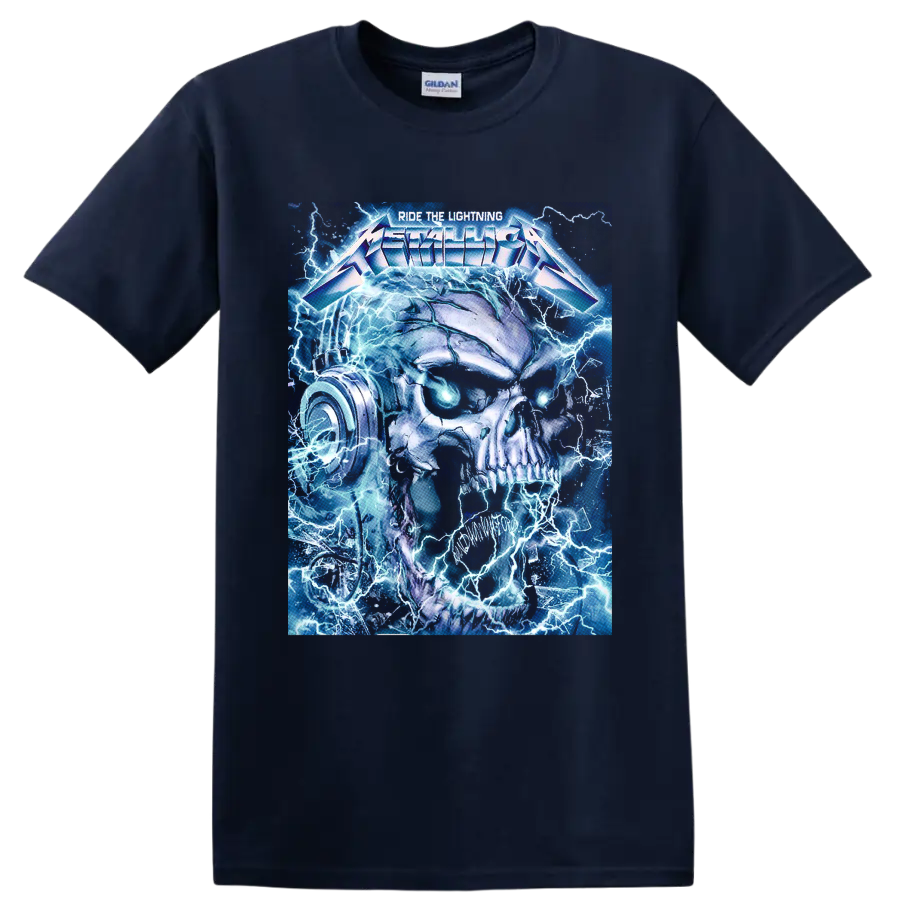 Metallica Ride the Lightning skull with blue lightning and glowing eyes on a Navy (Blue) T Shirt