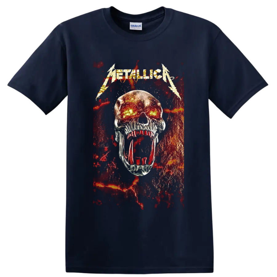 Metallica logo above a fiery-eyed skull in distressed red and black heavy metal art on a Navy (Blue) T Shirt