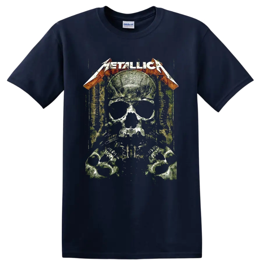 Metallica logo over distressed skull soldier with helmet, sunglasses, dog tags, and skulls on a Navy (Blue) T Shirt