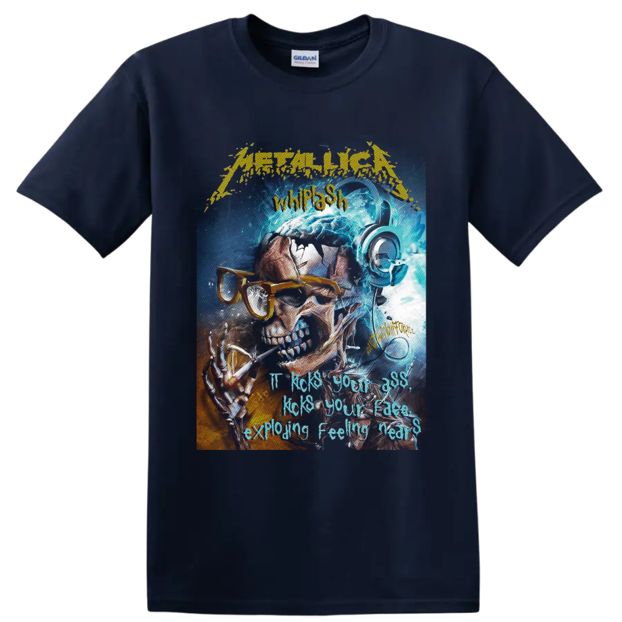 Metallica Whiplash skull in orange glasses and headphones with electric blue energy on a Navy (Blue) T Shirt