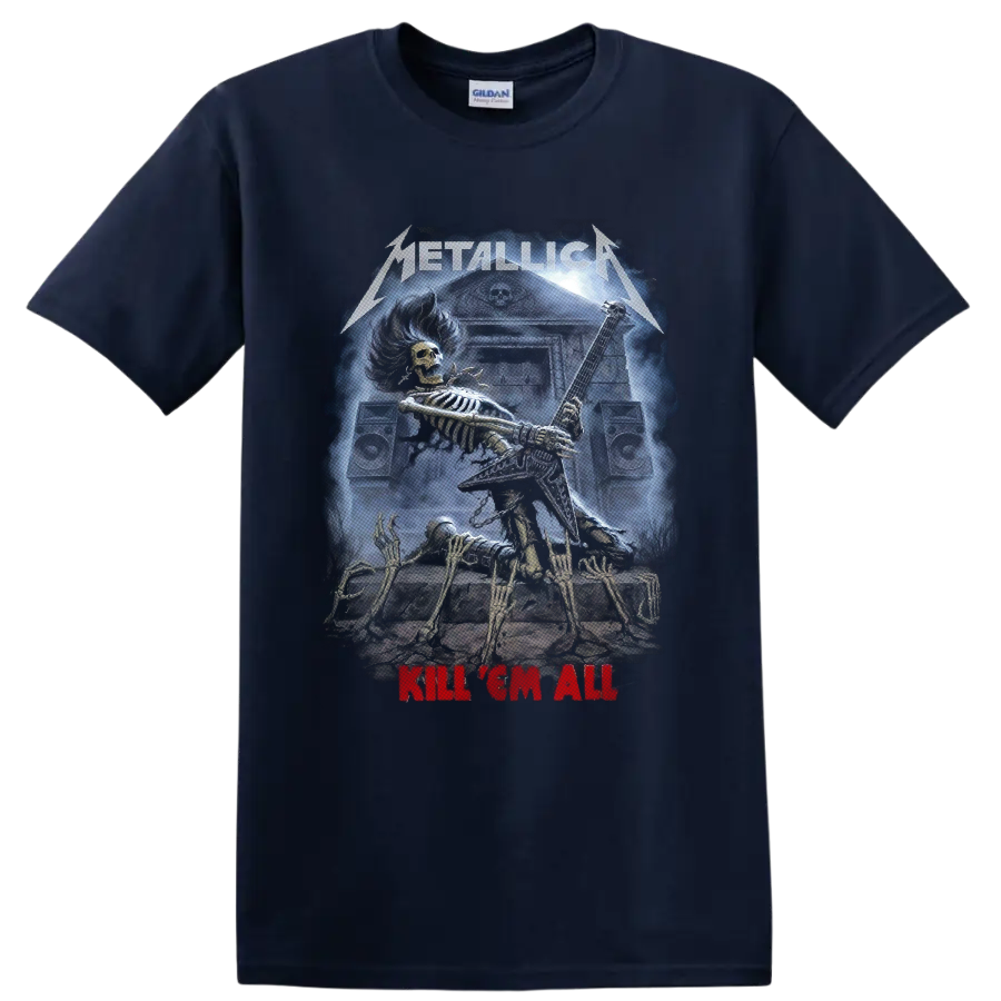 Metallica Kill 'Em All skeletal guitarist graphic with speakers and graveyard scene on a Navy (Blue) T Shirt