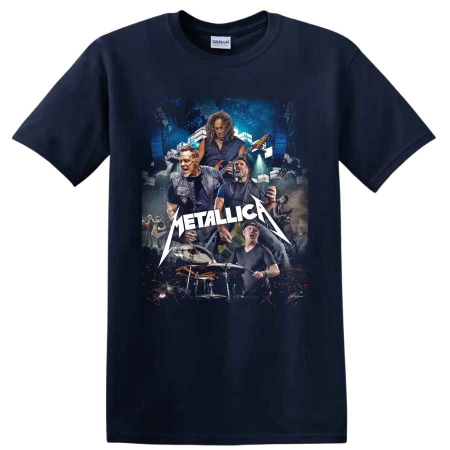 Metallica live concert collage with musicians, guitars, drums, arena lights, and logo on a Navy (Blue) T Shirt