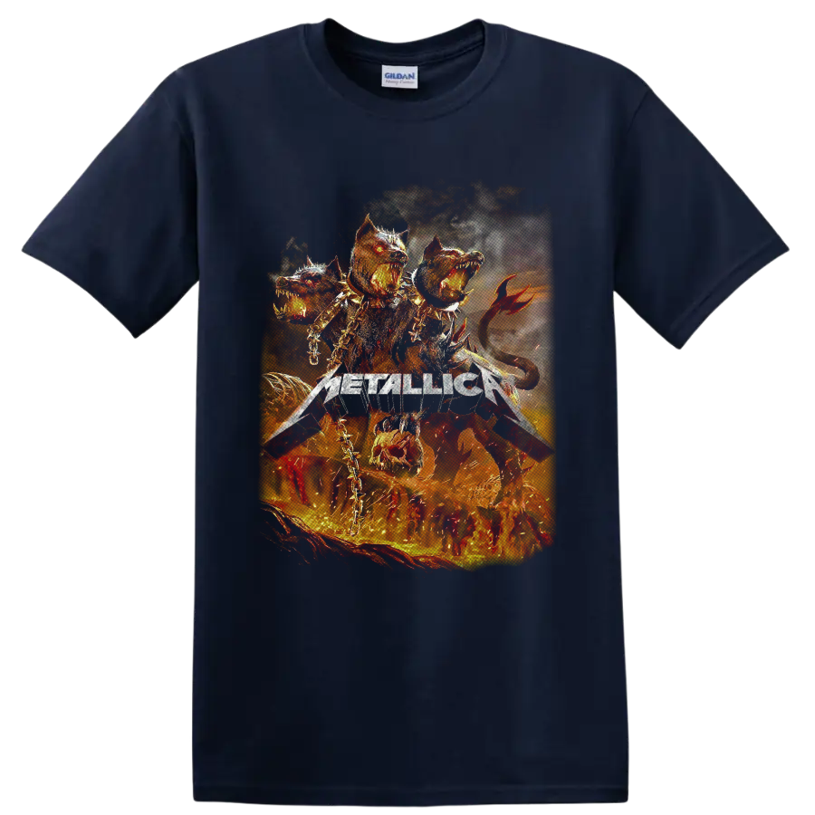 Metallica logo with fiery three-headed infernal hound, chains, spikes, and flames on a Navy (Blue) T Shirt