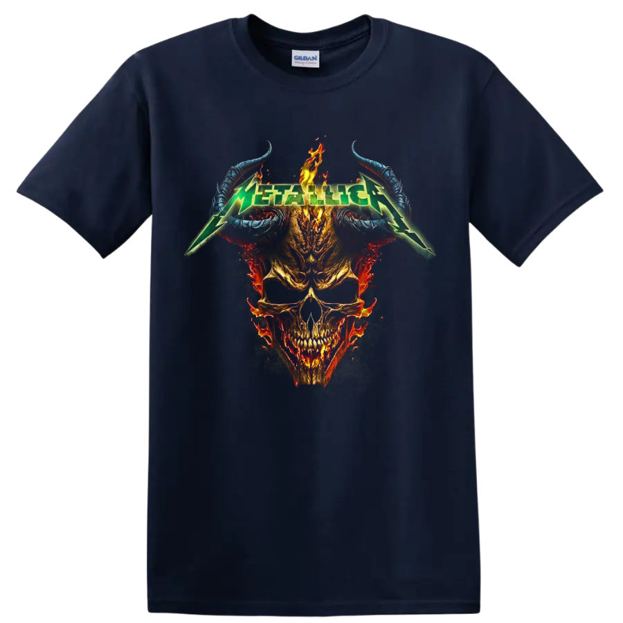 Metallica green logo over a flaming skull with curved blue horns and smoky metal artwork on a Navy (Blue) T Shirt