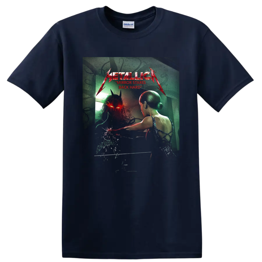 Metallica Mirror Stares Back horror graphic with horned red-eyed mirror reflection on a Navy (Blue) T Shirt